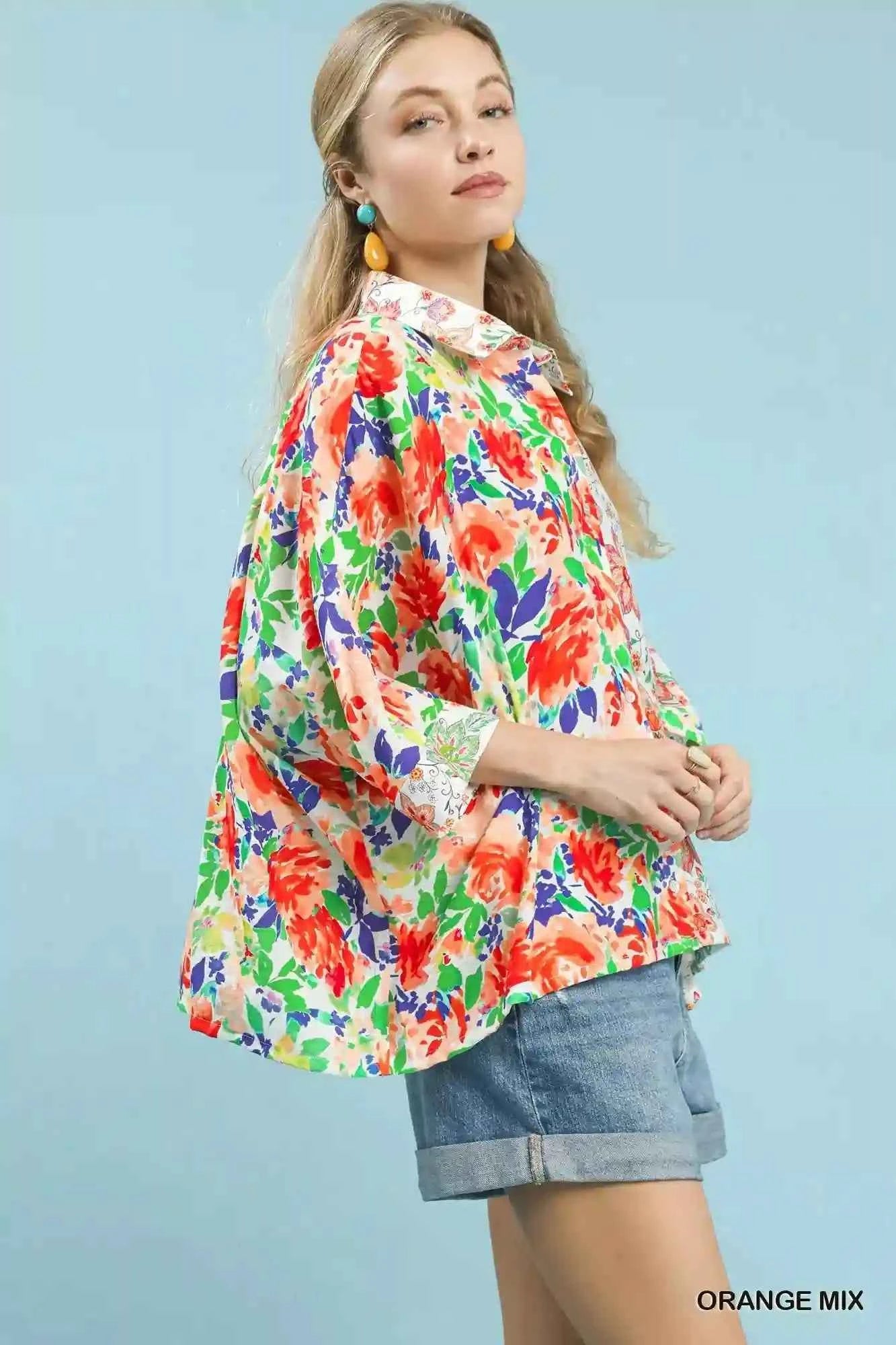 Umgee Floral Oversized Shirt – Mixed Floral Button Down Style by MegaSuperStar - MegaSuperStar