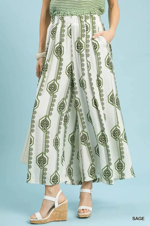 Umgee Geometric Boho Wide Leg Pants with Pockets