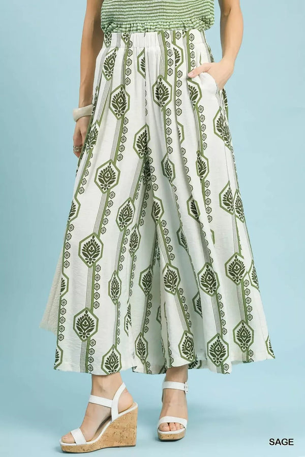 Umgee Geometric Boho Wide Leg Pants with Pockets