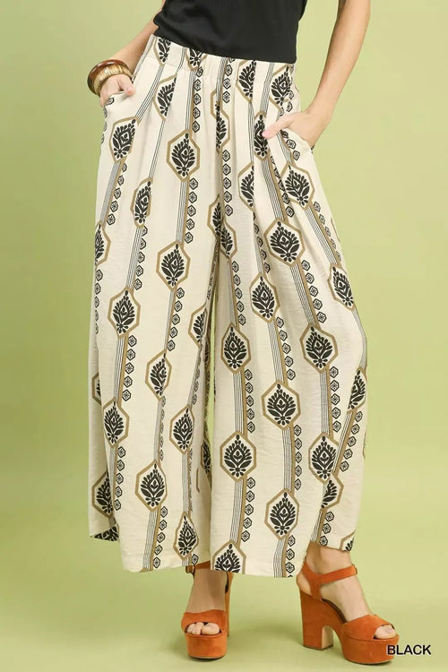 Umgee Boho Wide Leg Pants with Geometric Print