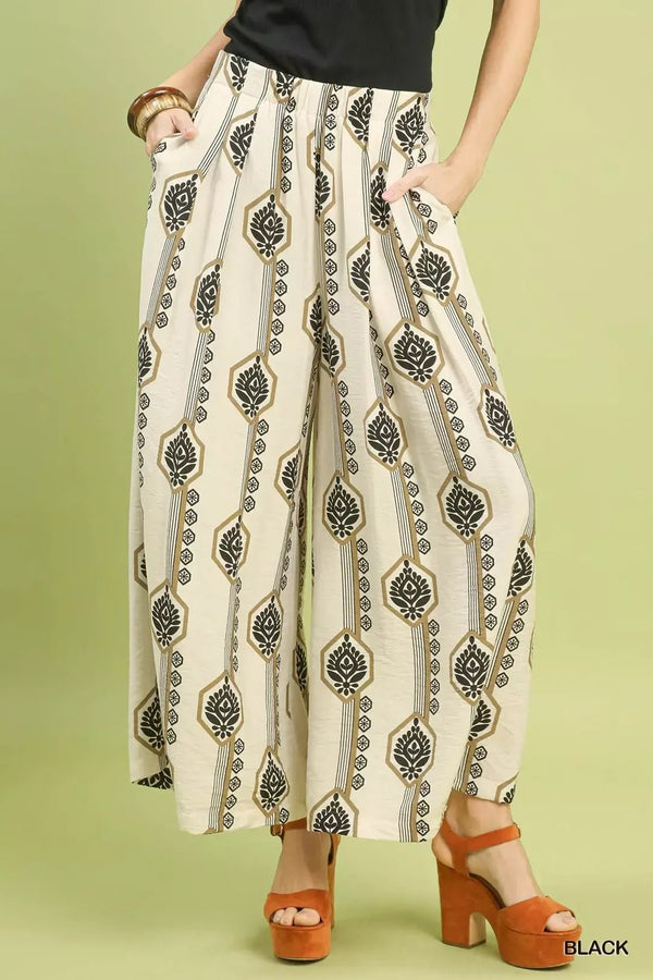 Umgee Boho Wide Leg Pants with Geometric Print
