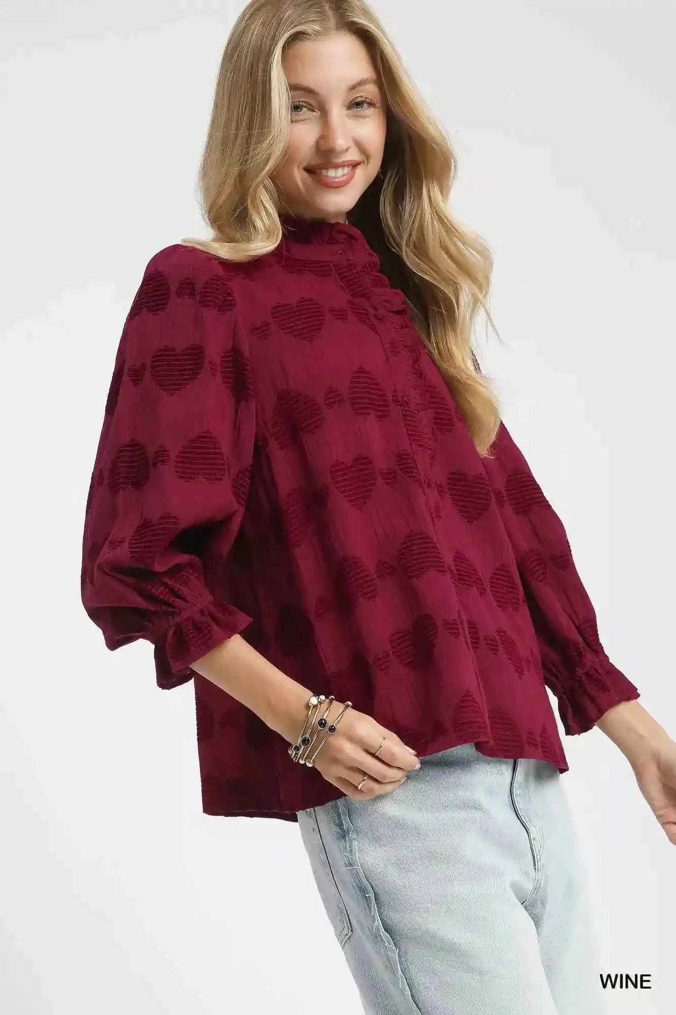 Umgee Heart Jacquard Shirt - Stylish Blouse with Ruffle Trim - MegaSuperStar