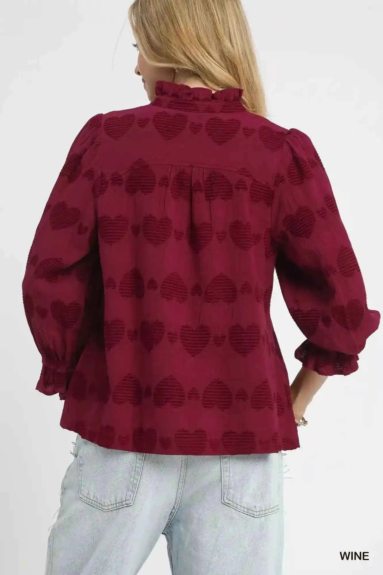Umgee Heart Jacquard Shirt - Stylish Blouse with Ruffle Trim - MegaSuperStar