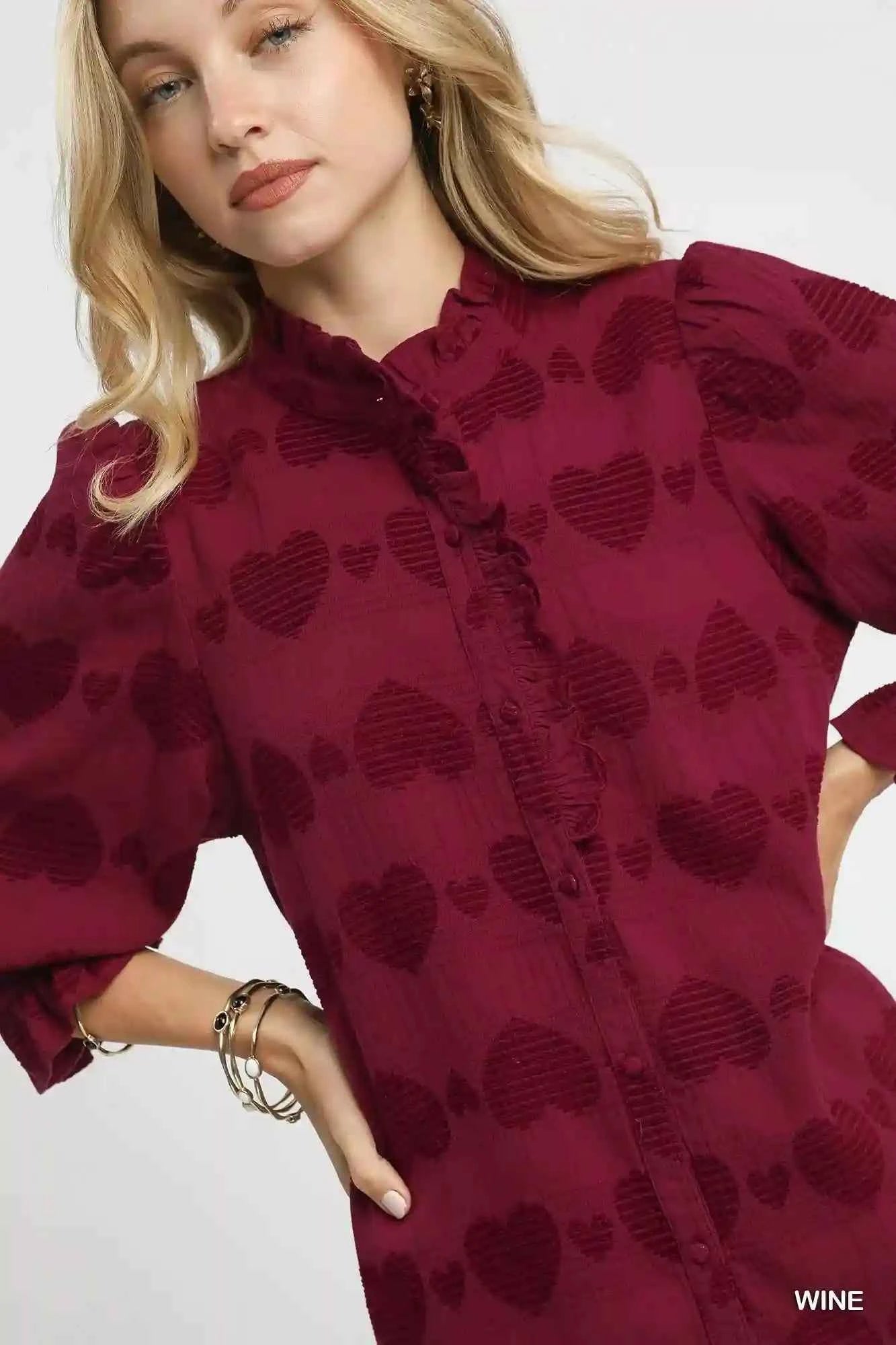 Umgee Heart Jacquard Shirt - Stylish Blouse with Ruffle Trim - MegaSuperStar