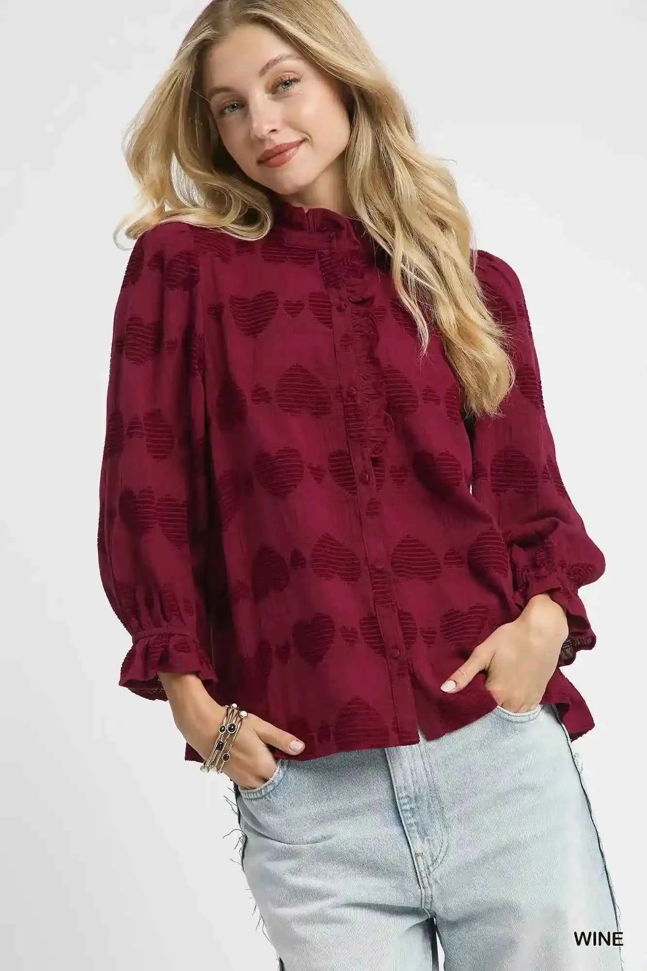 Umgee Heart Jacquard Shirt - Stylish Blouse with Ruffle Trim - MegaSuperStar