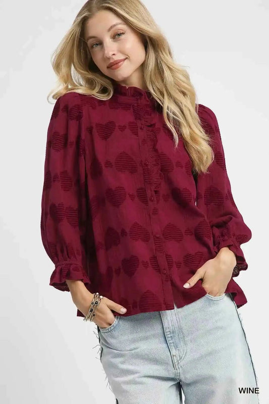 Umgee Heart Jacquard Shirt - Stylish Blouse with Ruffle Trim - MegaSuperStar