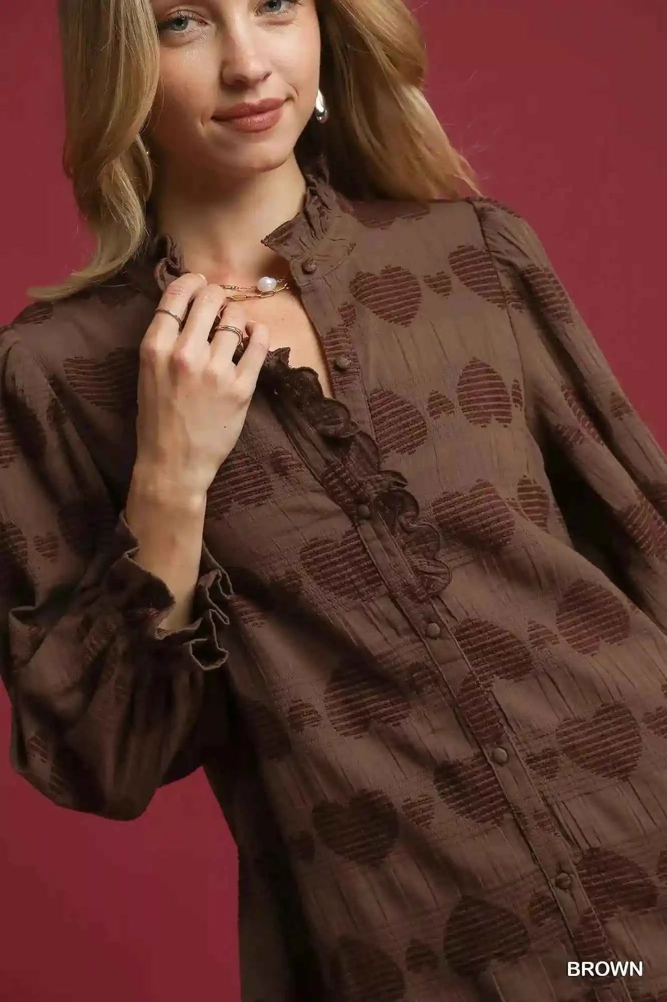 Umgee Heart Jacquard Shirt - Stylish Ruffle Trim Design - MegaSuperStar