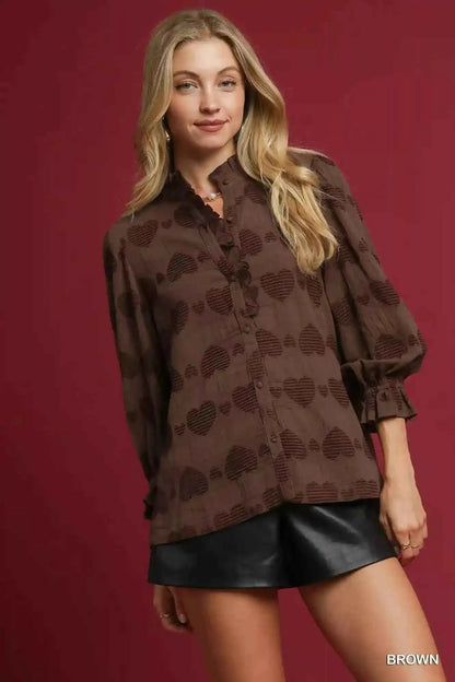 Umgee Heart Jacquard Shirt - Stylish Ruffle Trim Design - MegaSuperStar