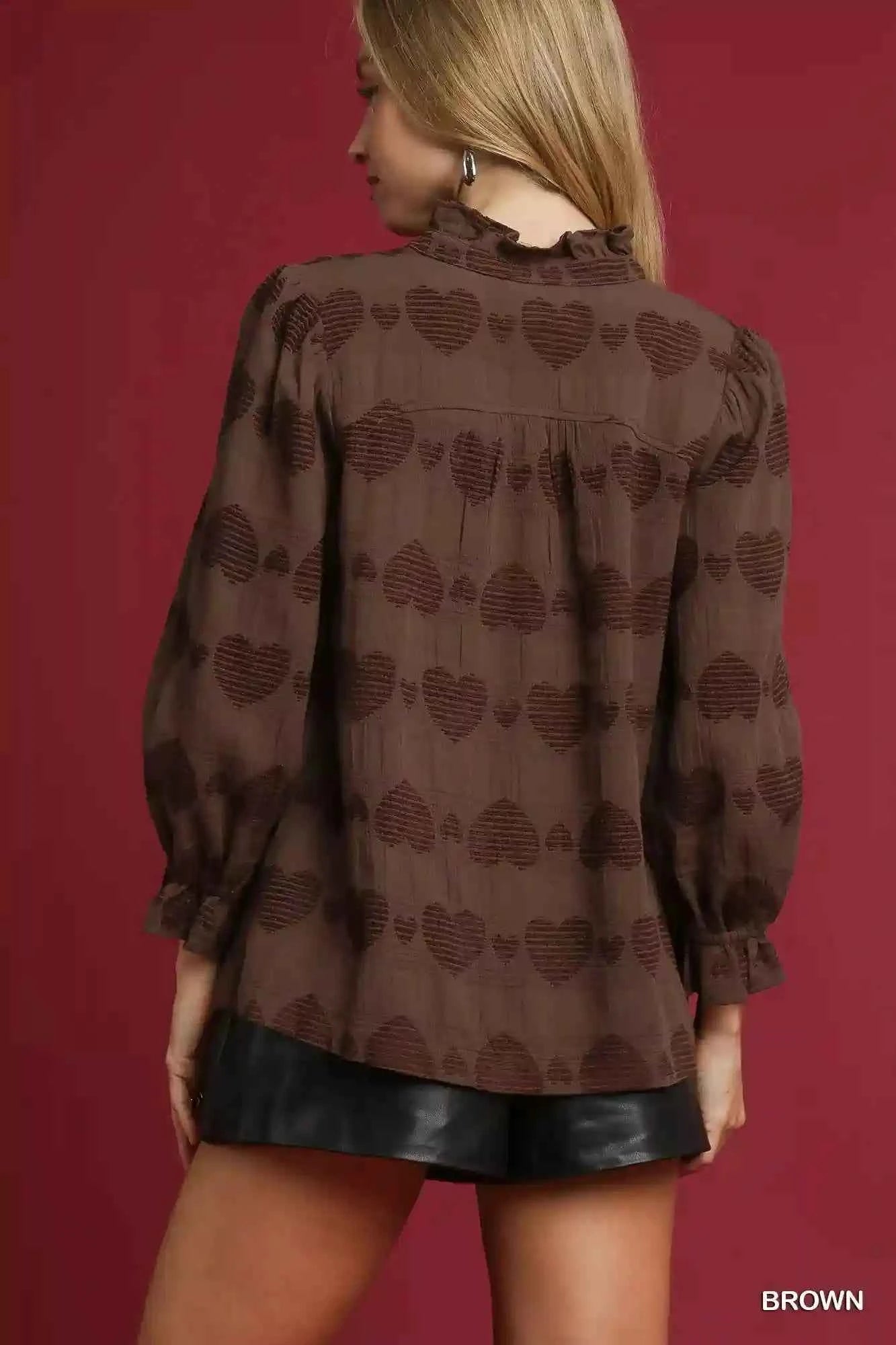 Umgee Heart Jacquard Shirt - Stylish Ruffle Trim Design - MegaSuperStar