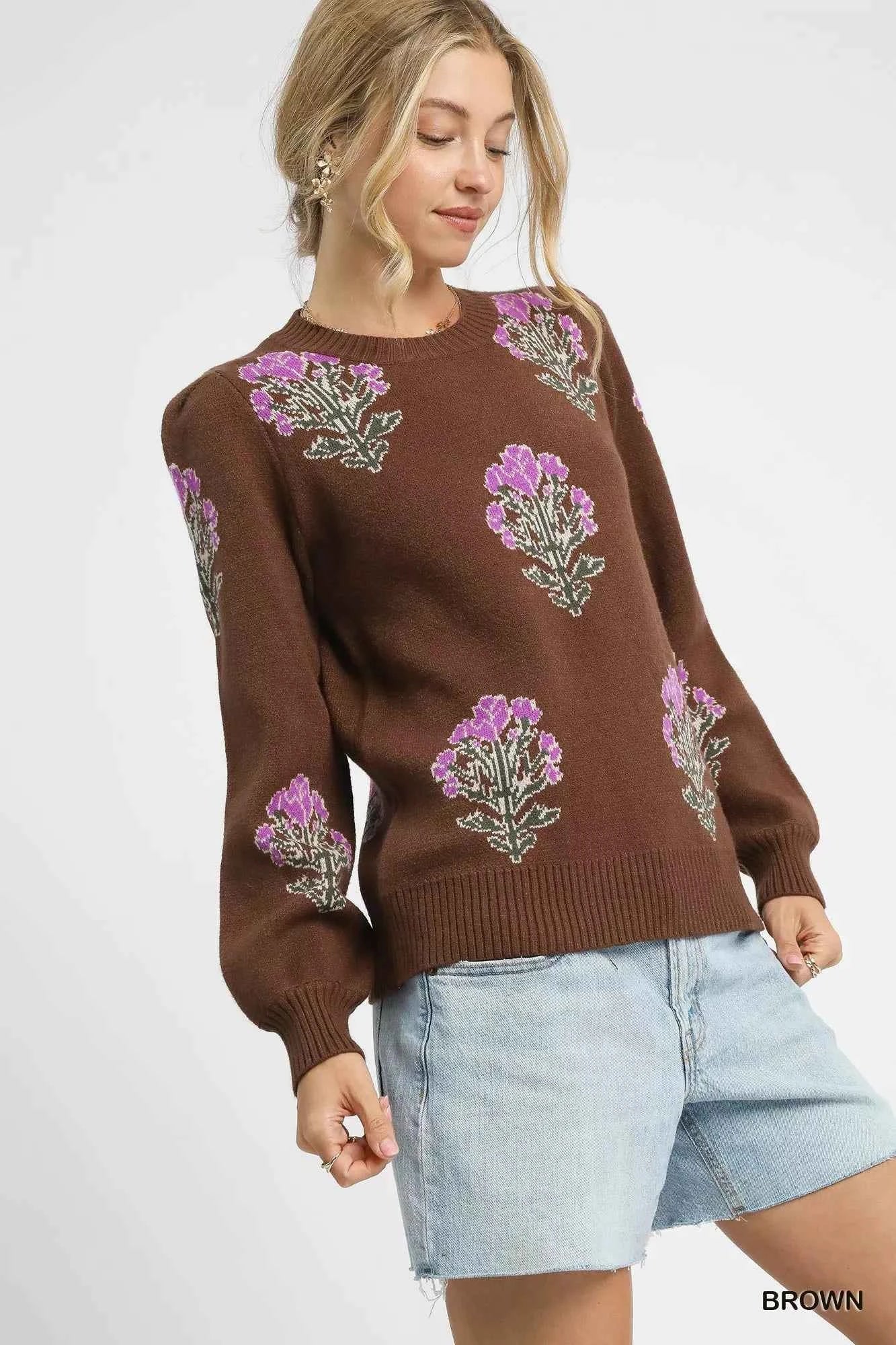 Umgee Jacquard Flower Sweater - Single Flower Stem Design - MegaSuperStar