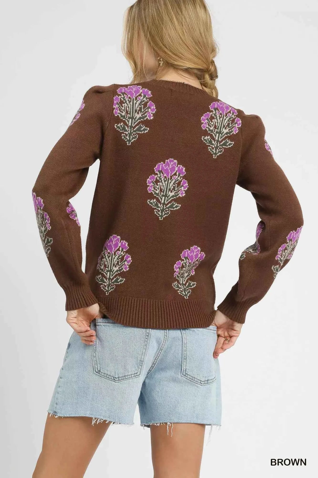 Umgee Jacquard Flower Sweater - Single Flower Stem Design - MegaSuperStar