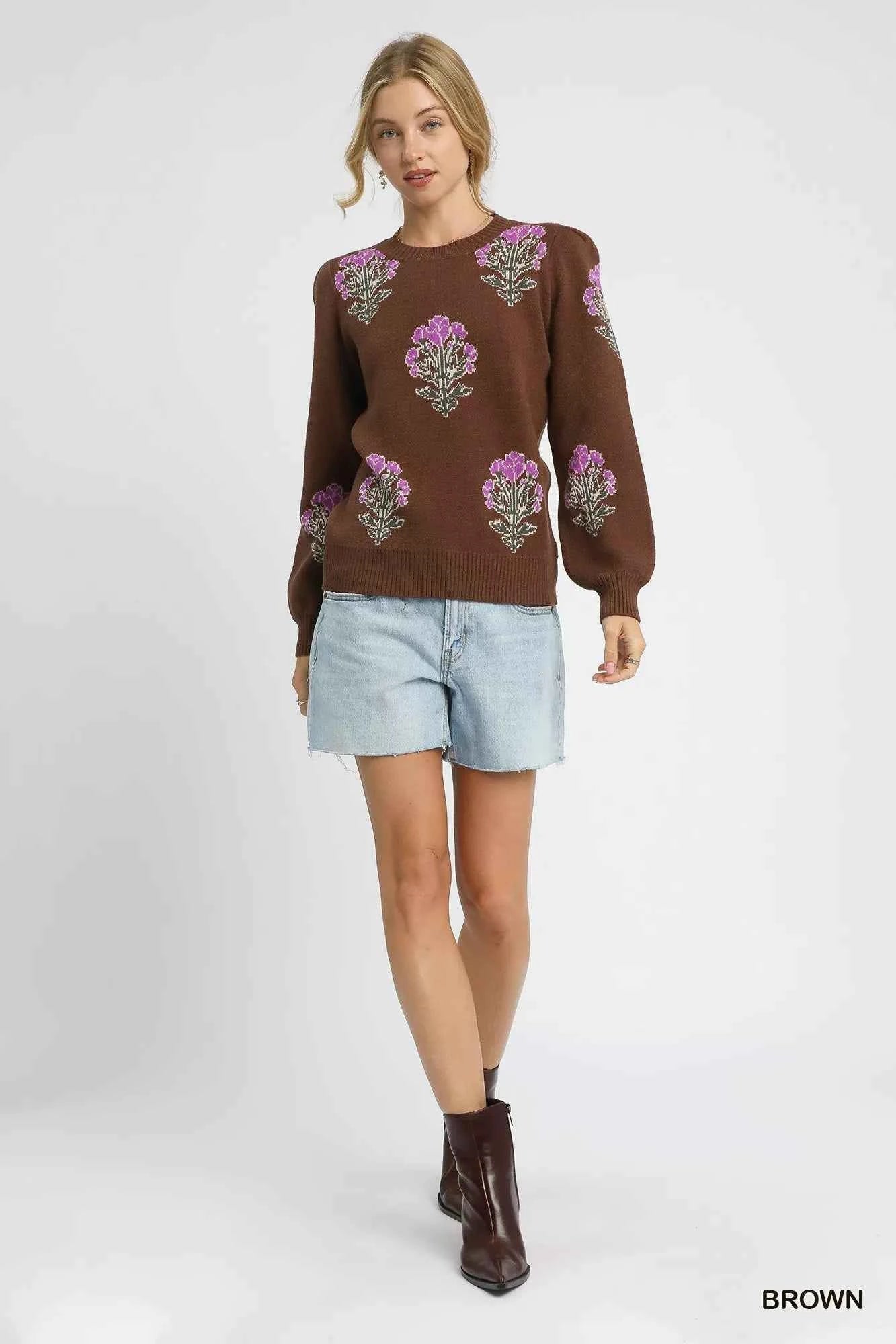 Umgee Jacquard Flower Sweater - Single Flower Stem Design - MegaSuperStar