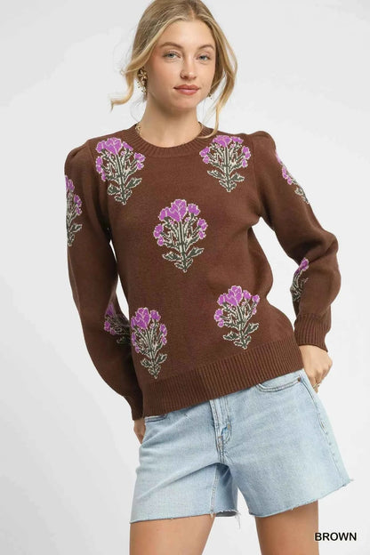 Umgee Jacquard Flower Sweater - Single Flower Stem Design - MegaSuperStar