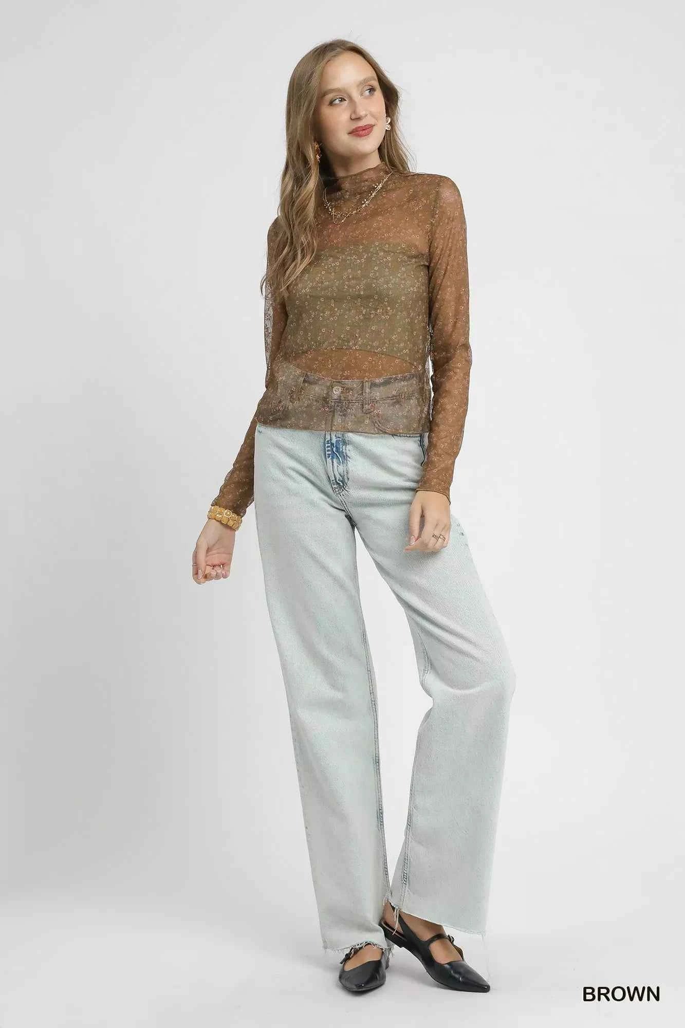 Umgee Lace Mesh Long Sleeve Top - Elegant and Stylish Women's Apparel - MegaSuperStar