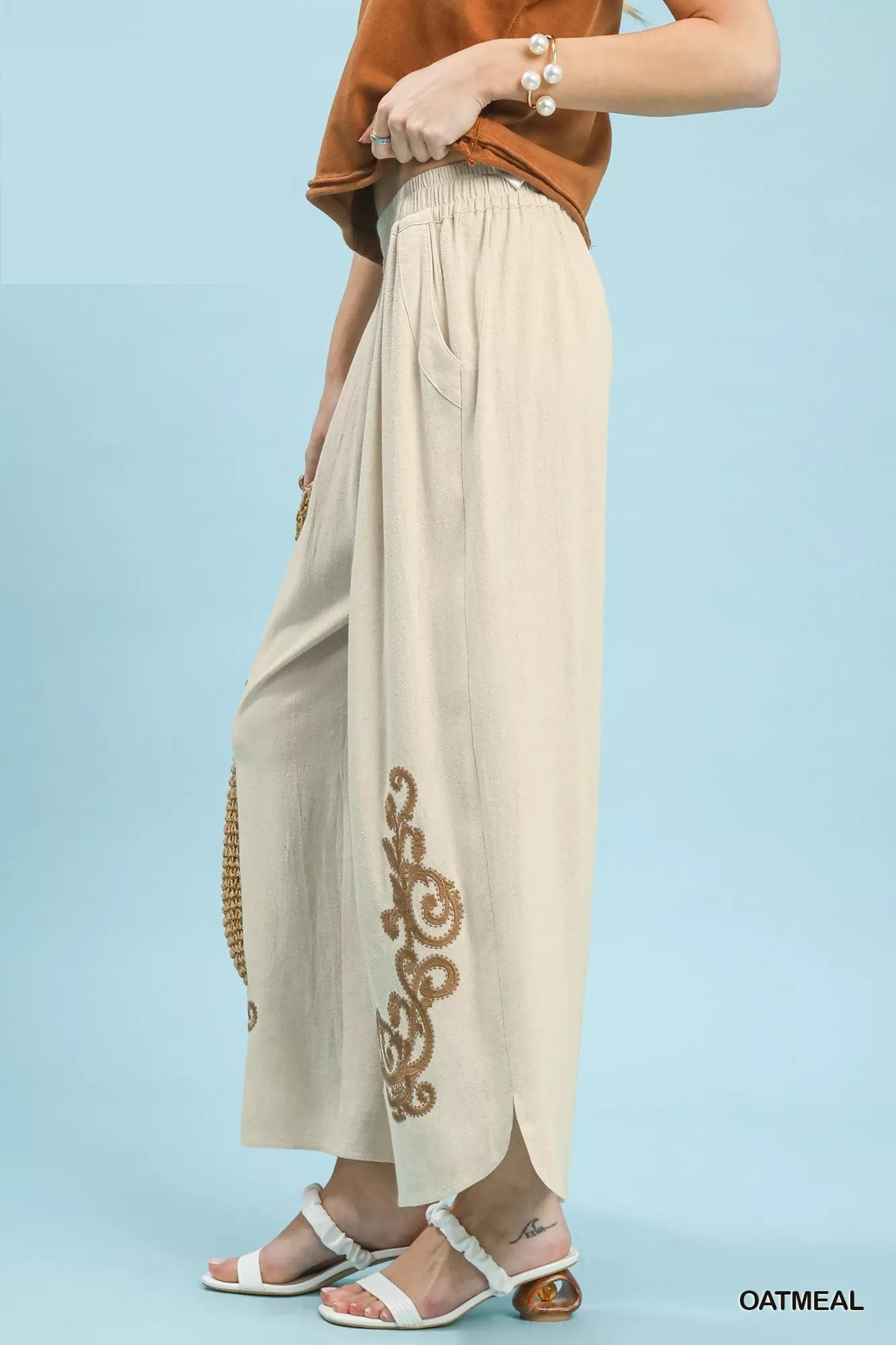 Umgee Linen Embroidered Wide - Leg Boho Pants - MegaSuperStar