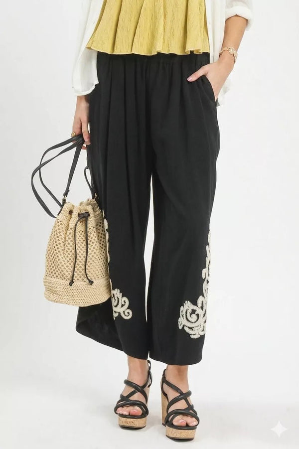 Umgee Embroidered Linen Boho Pants with Wide-Leg Fit
