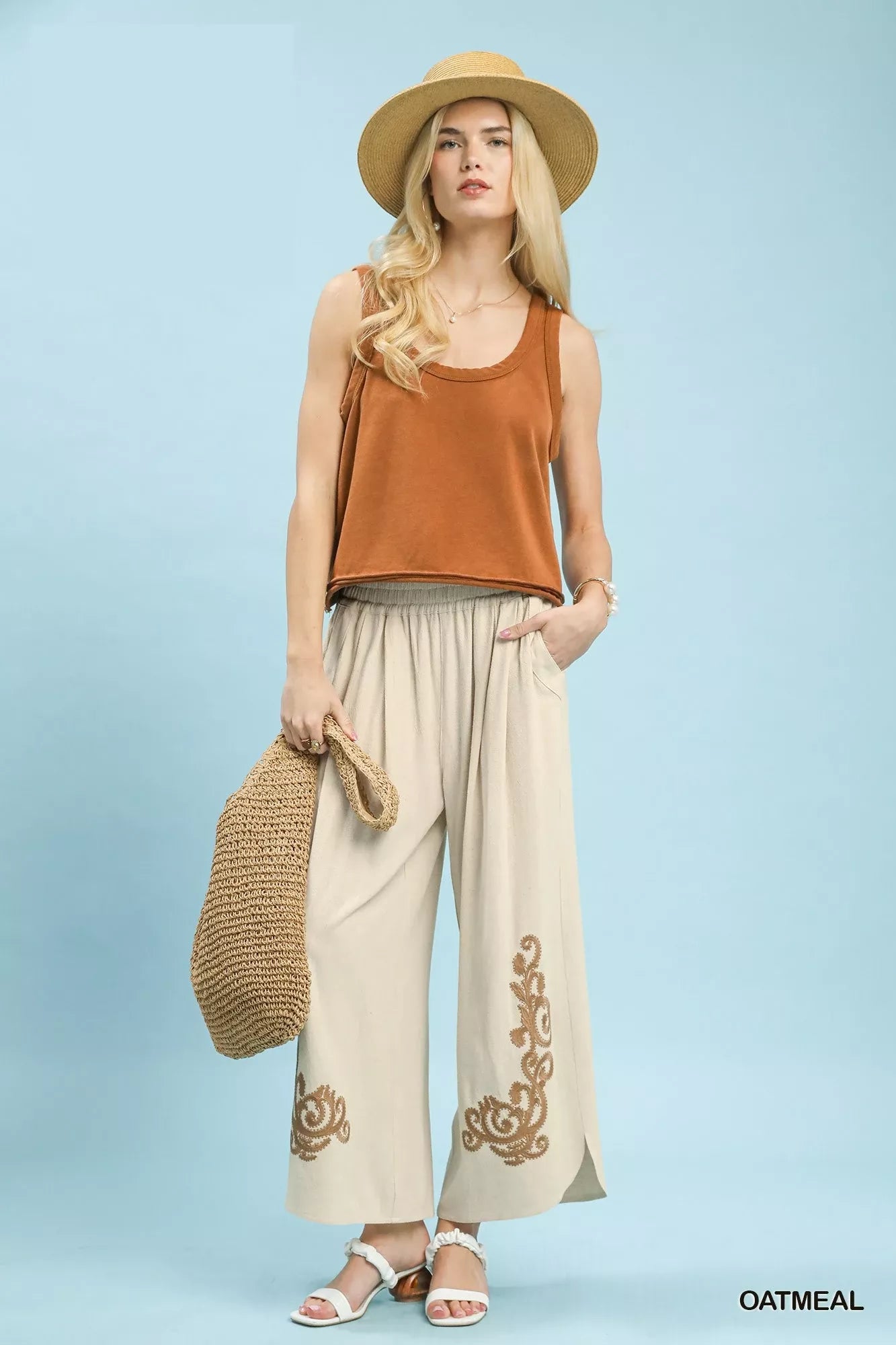 Umgee Linen Embroidered Wide - Leg Boho Pants - MegaSuperStar