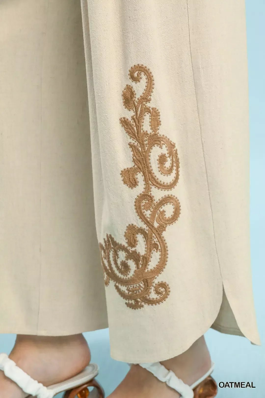 Umgee Linen Embroidered Wide - Leg Boho Pants - MegaSuperStar