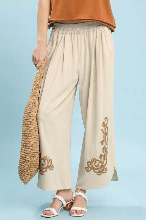 Umgee Linen Boho Wide Leg Pants with Embroidery and Pockets