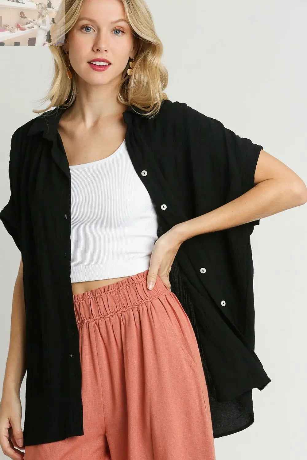 Umgee Plus Size Button Down Shirt Short Sleeve Textured Top - MegaSuperStar