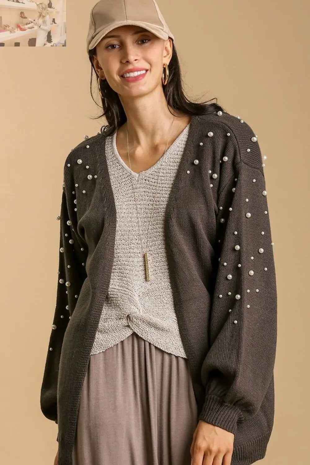 Umgee Plus Size Cardigan with Long Sleeve Pearl Details - Open Front Full Size Design - MegaSuperStar