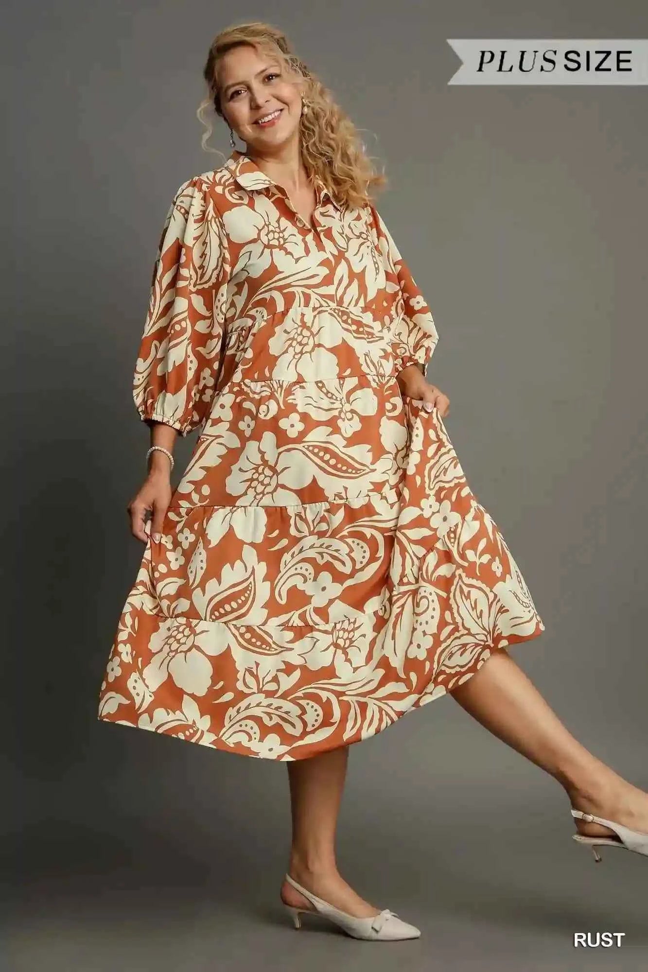 Umgee Plus Size Floral Midi Dress - Full Size Tiered Shirt Dress - MegaSuperStar