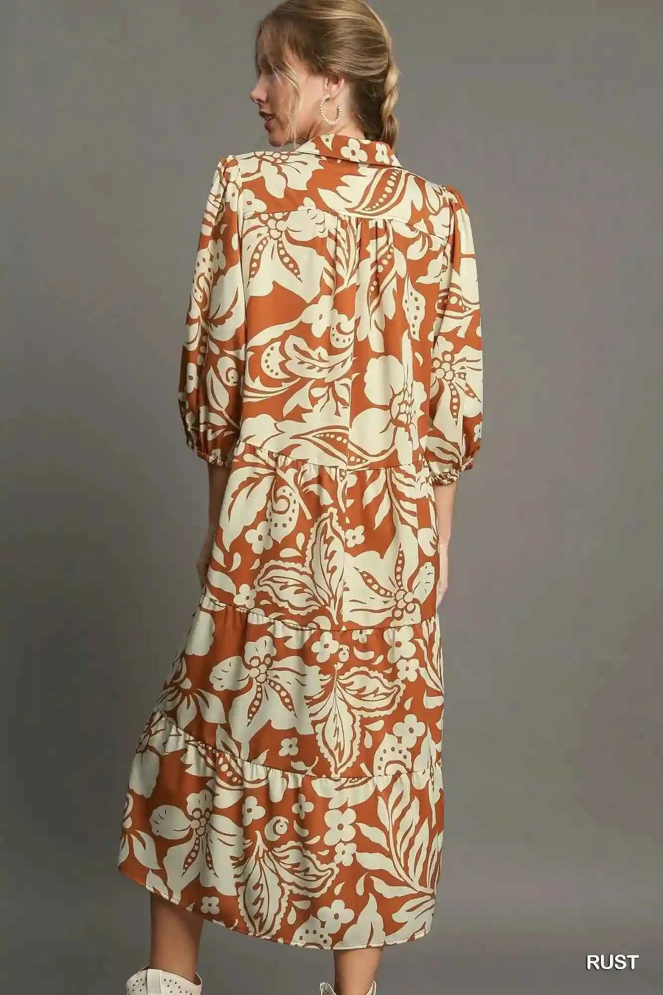 Umgee Plus Size Floral Midi Dress - Full Size Tiered Shirt Dress - MegaSuperStar