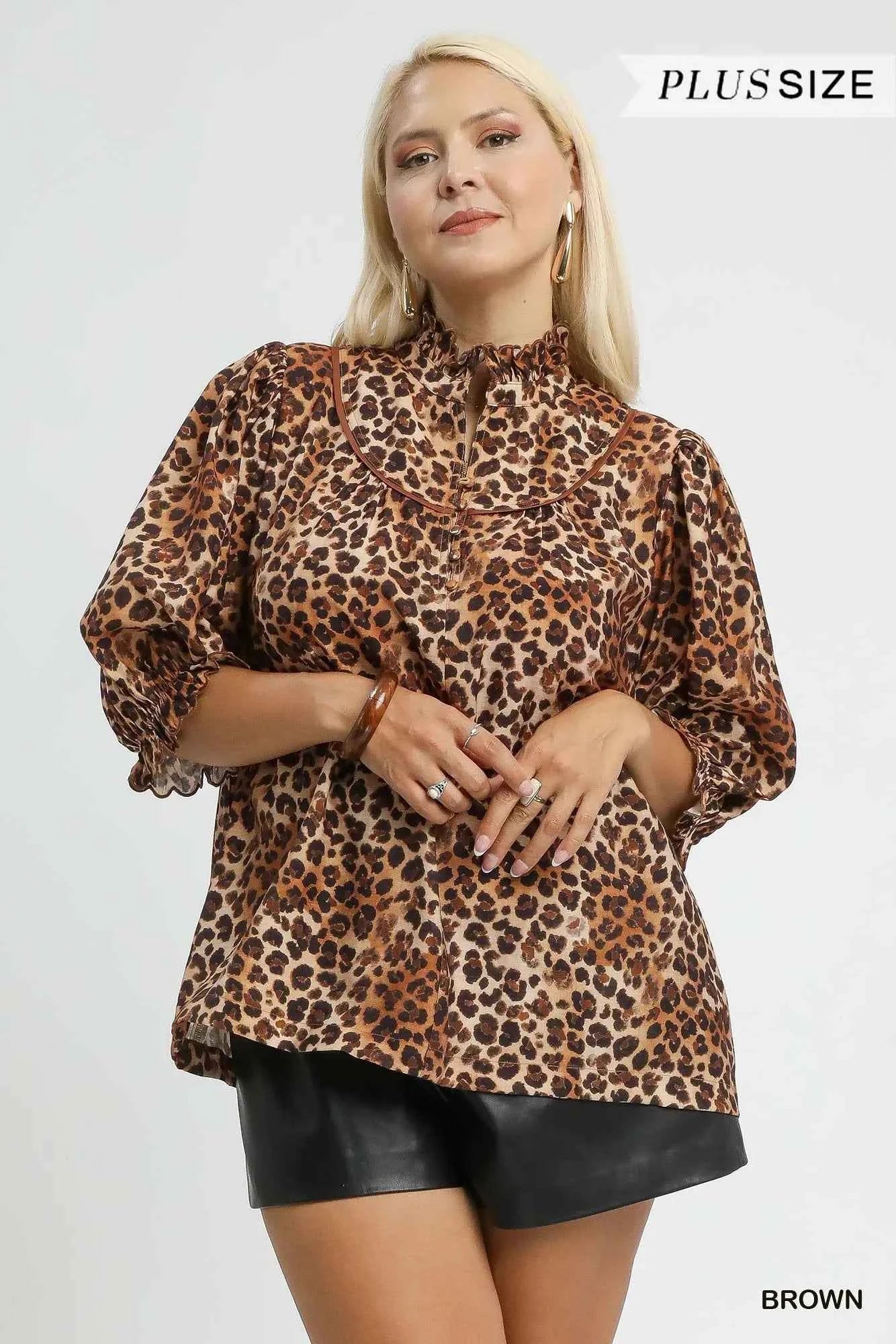 Umgee Plus Size Leopard Print Blouse with Ruffle Neck - MegaSuperStar