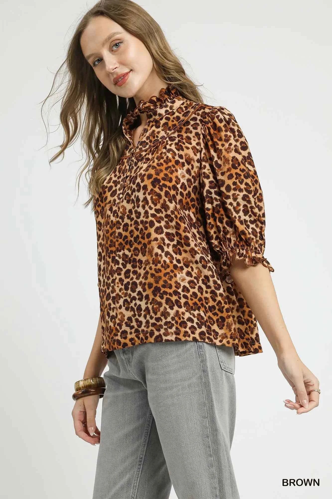 Umgee Plus Size Leopard Print Blouse with Ruffle Neck - MegaSuperStar