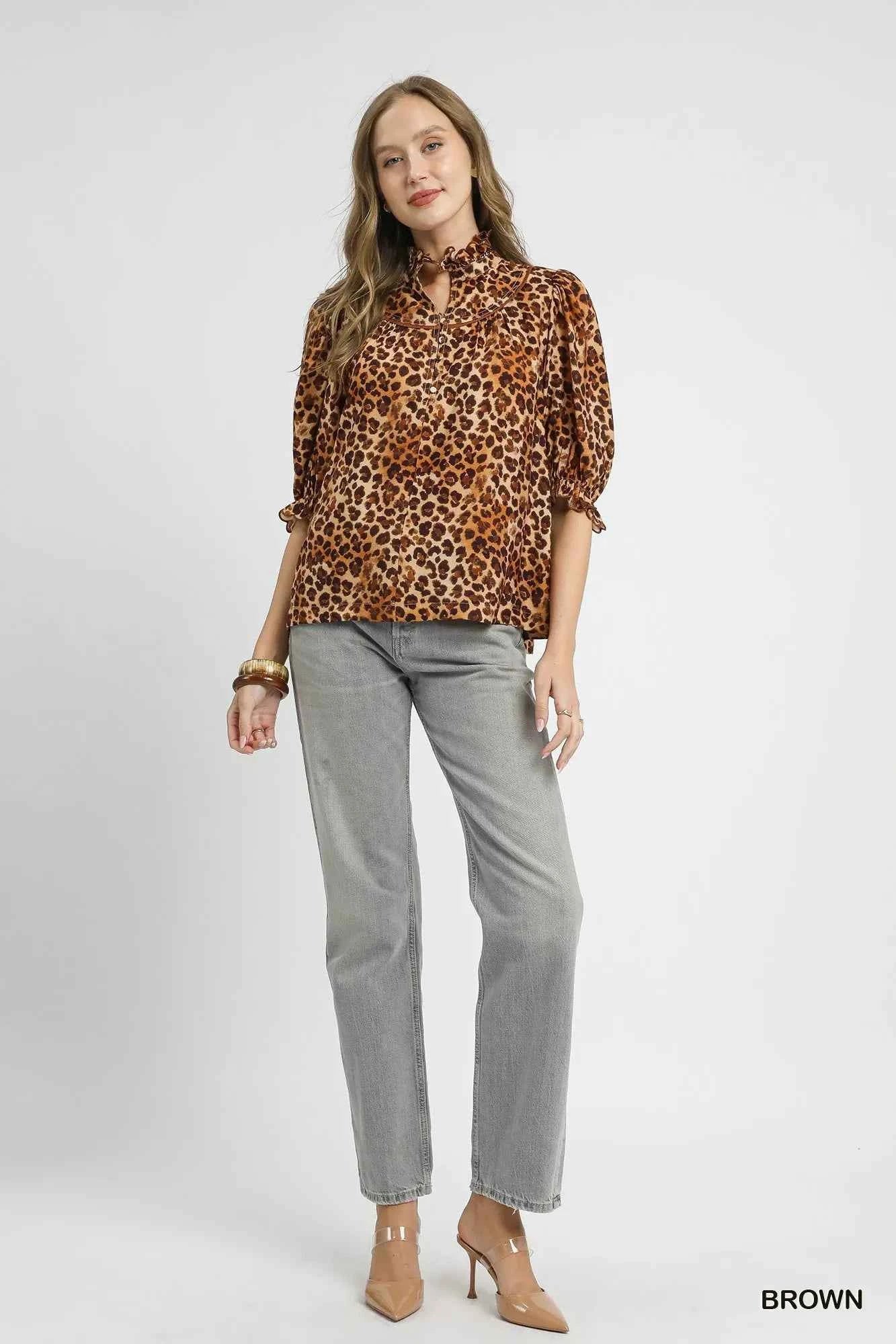 Umgee Plus Size Leopard Print Blouse with Ruffle Neck - MegaSuperStar