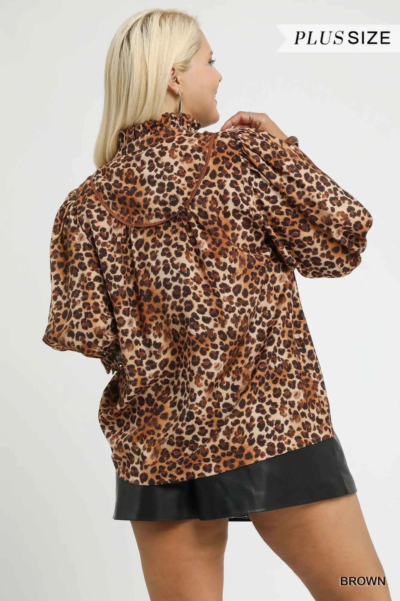 Umgee Plus Size Leopard Print Blouse with Ruffle Neck - MegaSuperStar