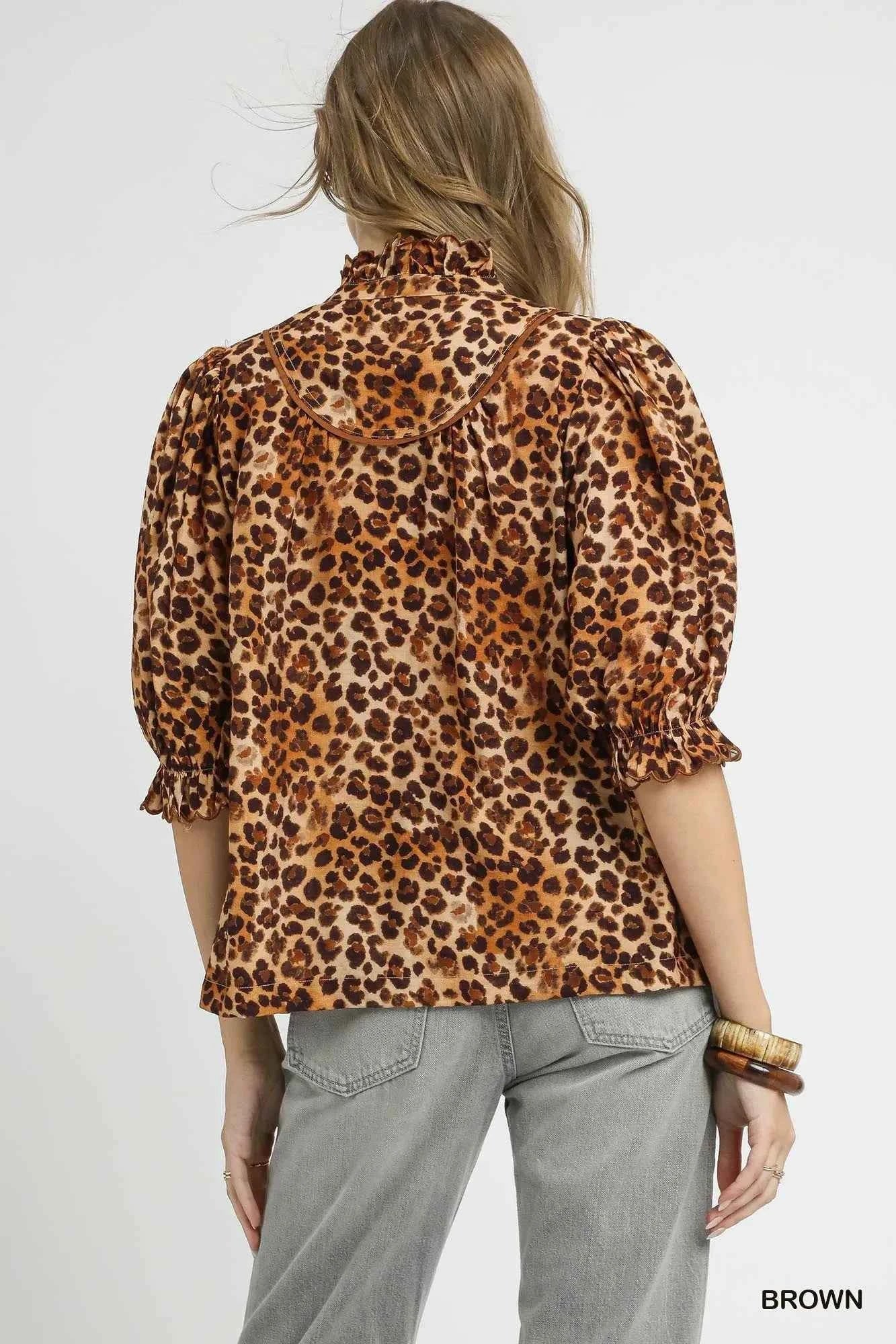 Umgee Plus Size Leopard Print Blouse with Ruffle Neck - MegaSuperStar