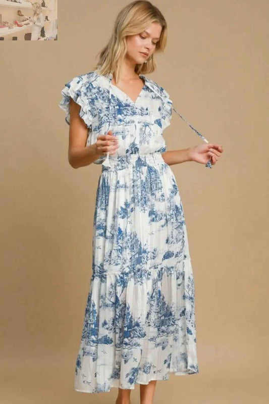 Umgee Plus Size Midi Dress Two Tone Landscape Print for Full Size Fashion - MegaSuperStar