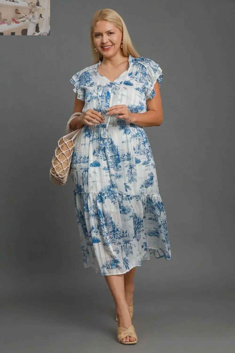 Umgee Plus Size Midi Dress Two Tone Landscape Print for Full Size Fashion - MegaSuperStar