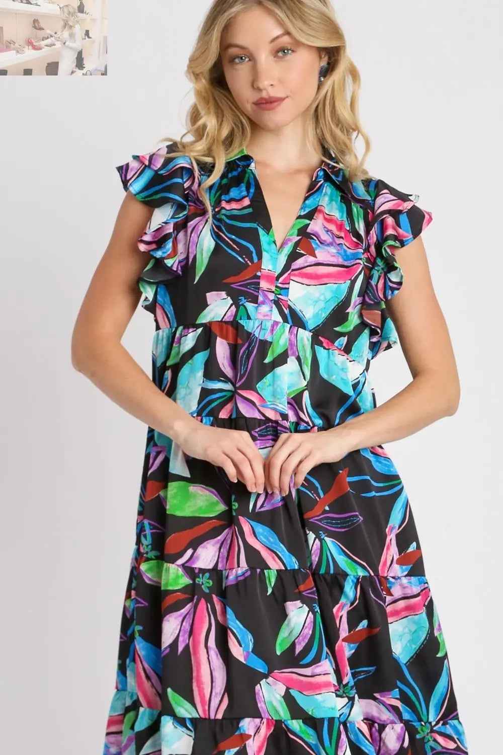 Umgee Plus Size Ruffle Sleeve Midi Dress with Leaf Print and Double Layered Tiered Design - MegaSuperStar