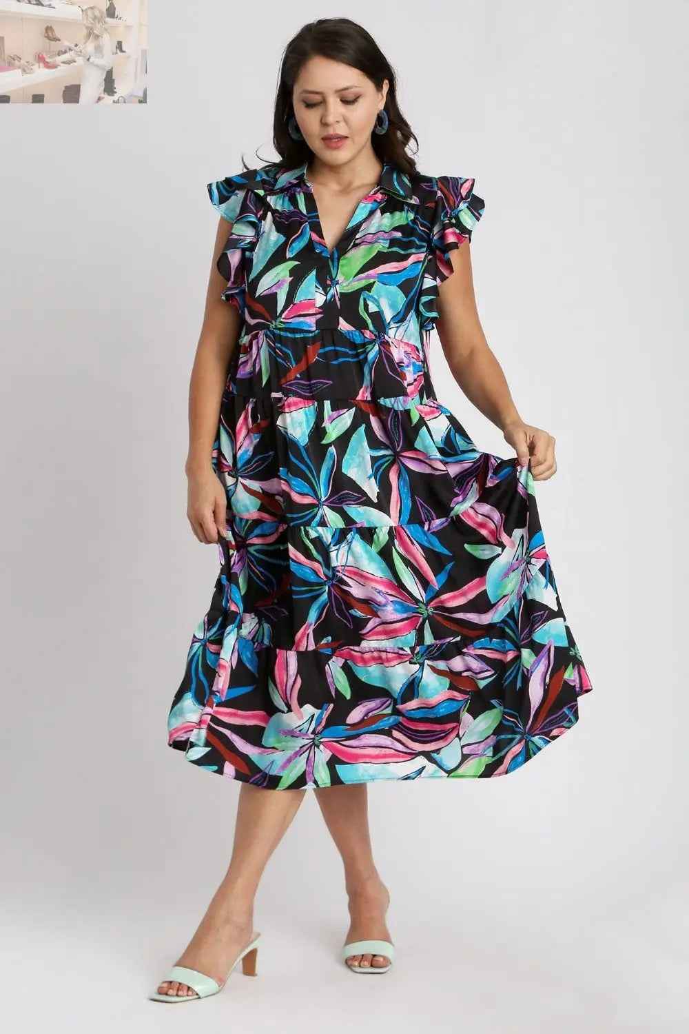 Umgee Plus Size Ruffle Sleeve Midi Dress with Leaf Print and Double Layered Tiered Design - MegaSuperStar