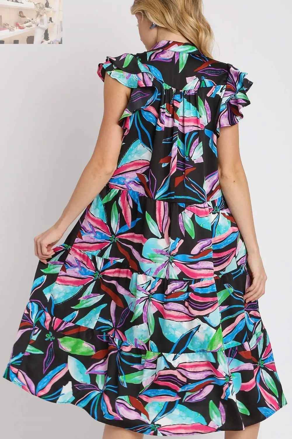Umgee Plus Size Ruffle Sleeve Midi Dress with Leaf Print and Double Layered Tiered Design - MegaSuperStar