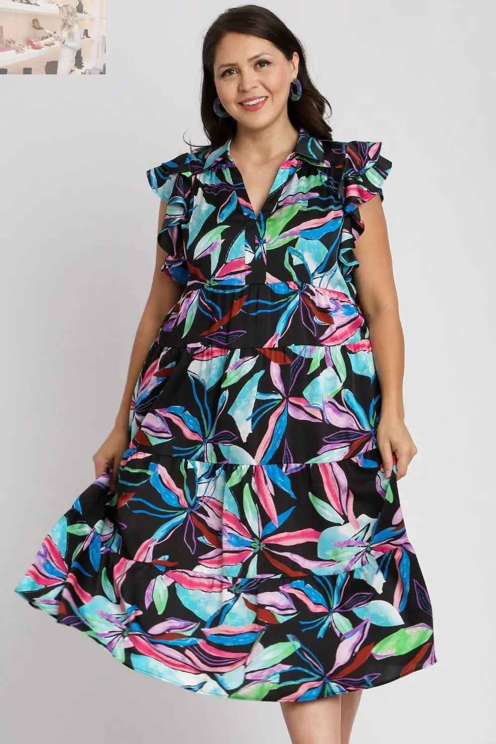 Umgee Plus Size Ruffle Sleeve Midi Dress with Leaf Print and Double Layered Tiered Design - MegaSuperStar