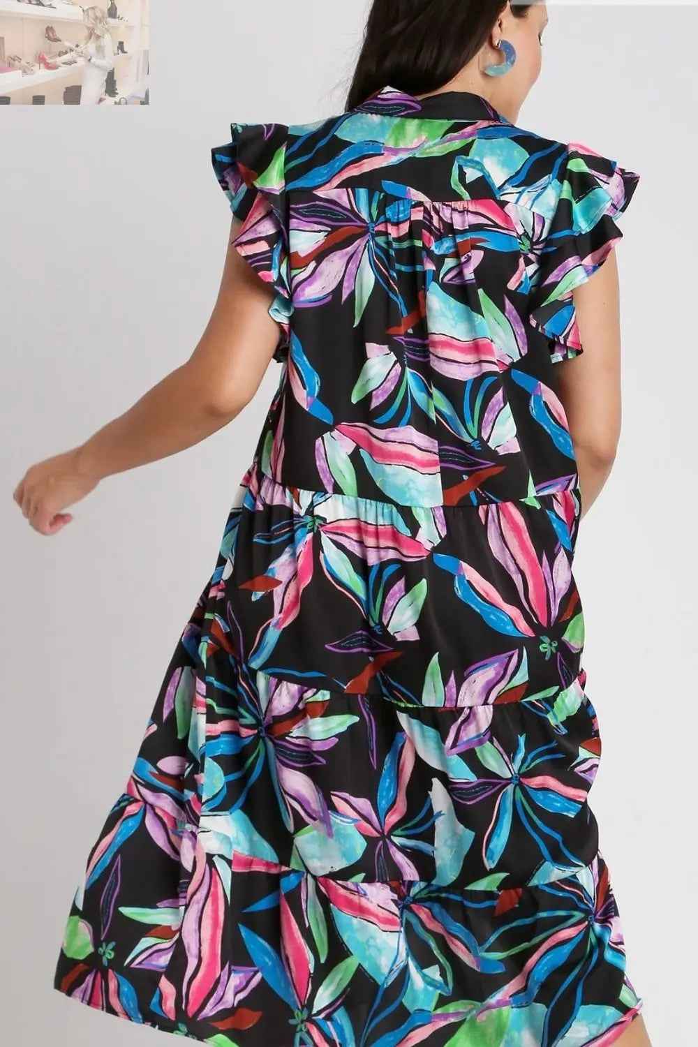 Umgee Plus Size Ruffle Sleeve Midi Dress with Leaf Print and Double Layered Tiered Design - MegaSuperStar