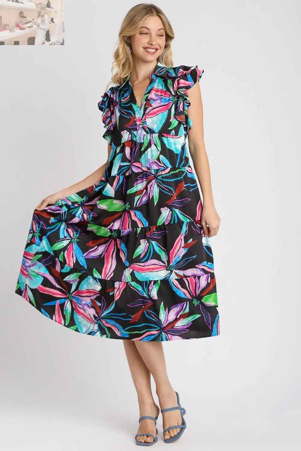 Umgee Plus Size Ruffle Sleeve Midi Dress with Leaf Print and Double Layered Tiered Design - MegaSuperStar