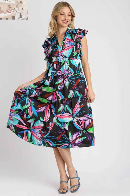 Umgee Plus Size Ruffle Sleeve Midi Dress with Leaf Print and Double Layered Tiered Design - MegaSuperStar