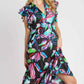 Umgee Plus Size Ruffle Sleeve Midi Dress with Leaf Print and Double Layered Tiered Design - MegaSuperStar
