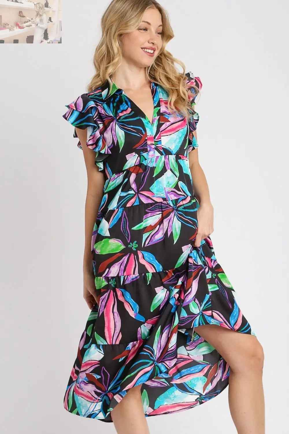 Umgee Plus Size Ruffle Sleeve Midi Dress with Leaf Print and Double Layered Tiered Design - MegaSuperStar