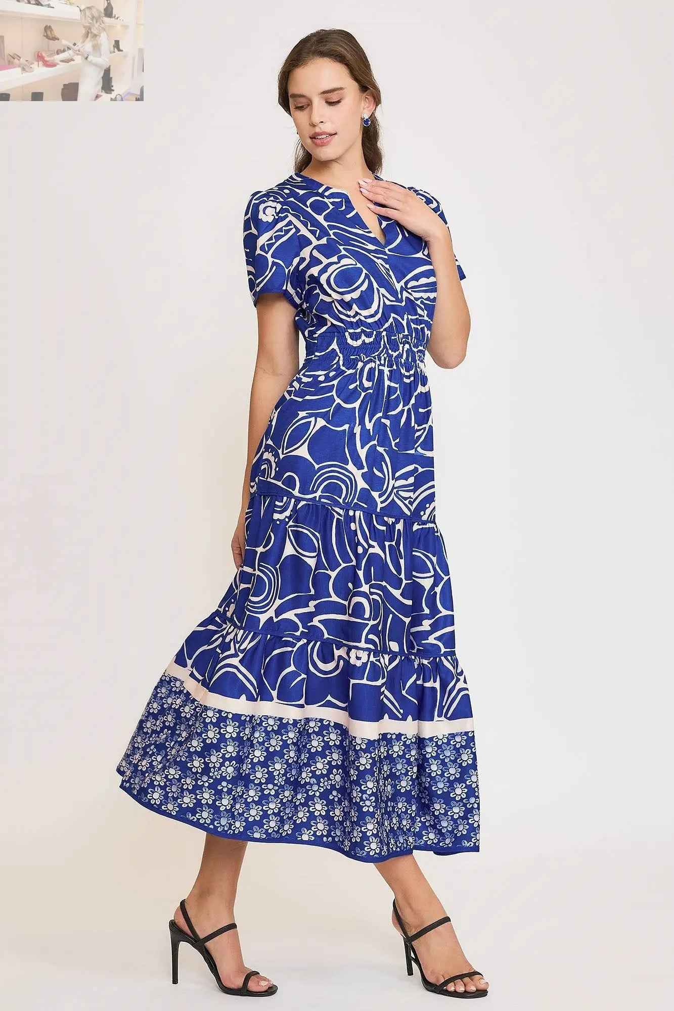 Umgee Plus Size Tiered Dress with Notched Short Sleeves – Full Size Printed Style - MegaSuperStar