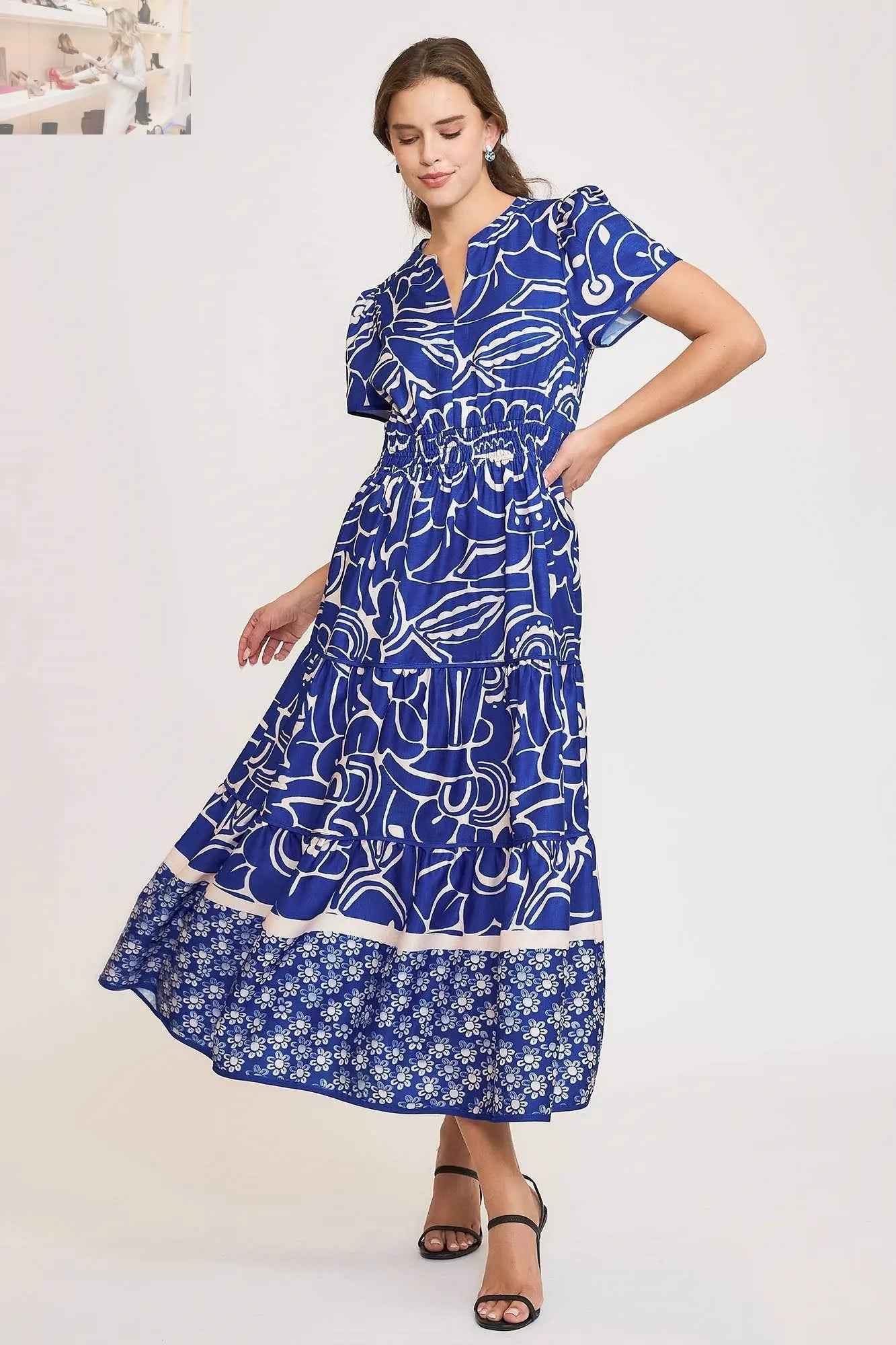 Umgee Plus Size Tiered Dress with Notched Short Sleeves – Full Size Printed Style - MegaSuperStar