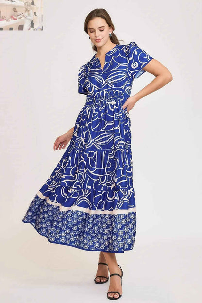 Umgee Plus Size Tiered Dress with Notched Short Sleeves – Full Size Printed Style - MegaSuperStar