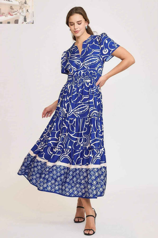 Umgee Plus Size Tiered Dress with Notched Short Sleeves – Full Size Printed Style - MegaSuperStar