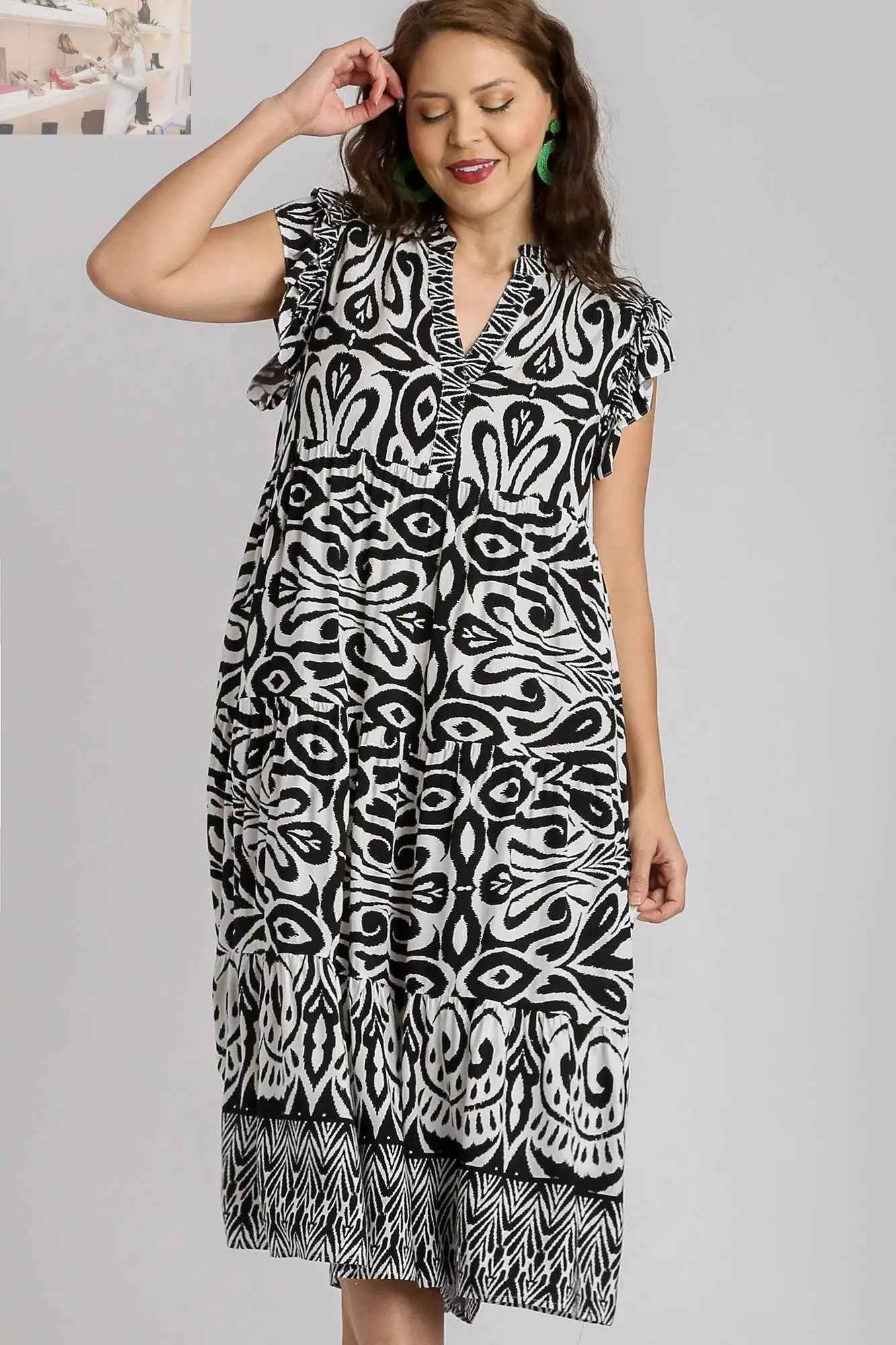 Umgee Plus Size Two Tone Midi Dress with Ruffle Cap Sleeves - MegaSuperStar