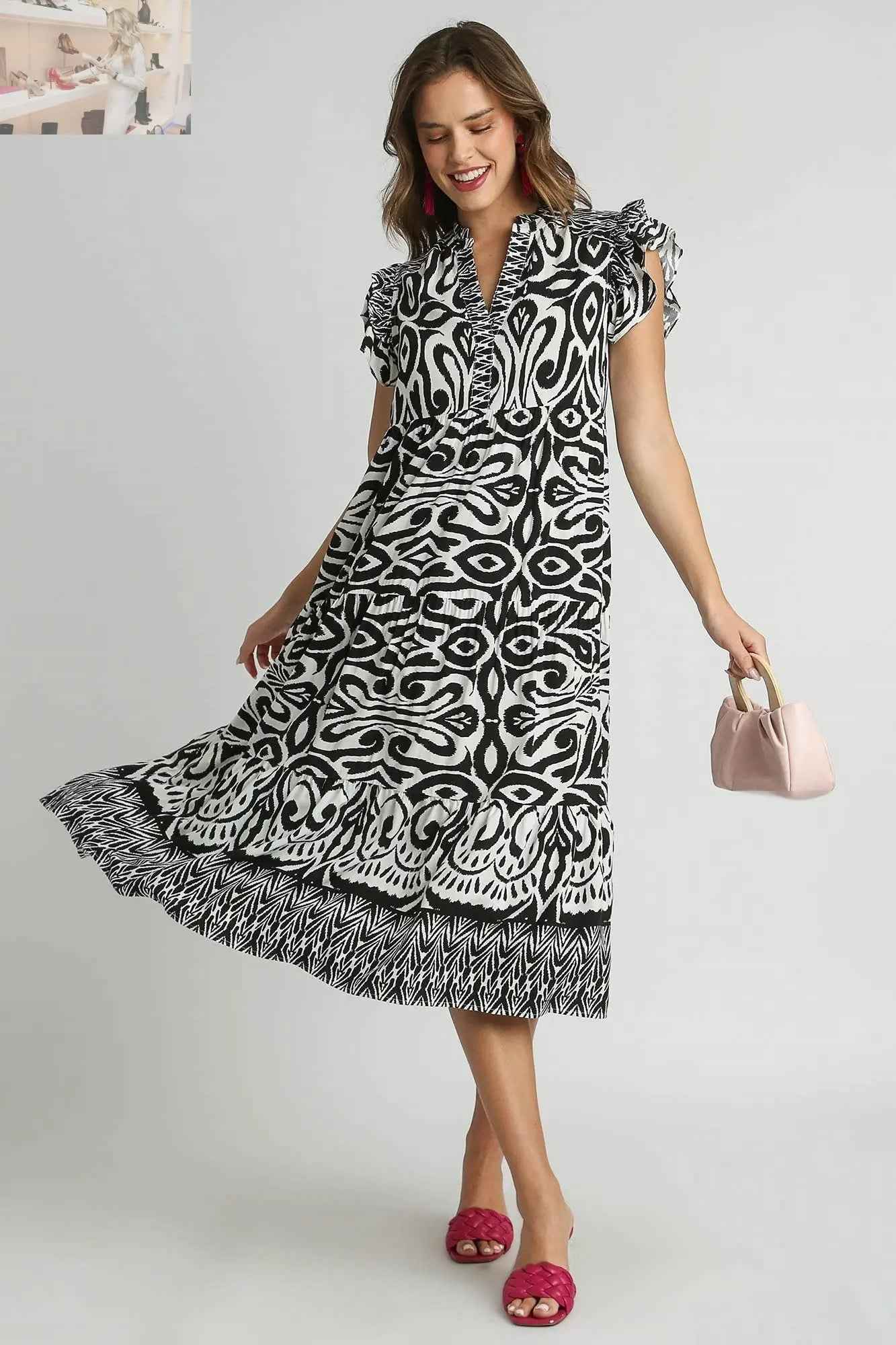 Umgee Plus Size Two Tone Midi Dress with Ruffle Cap Sleeves - MegaSuperStar