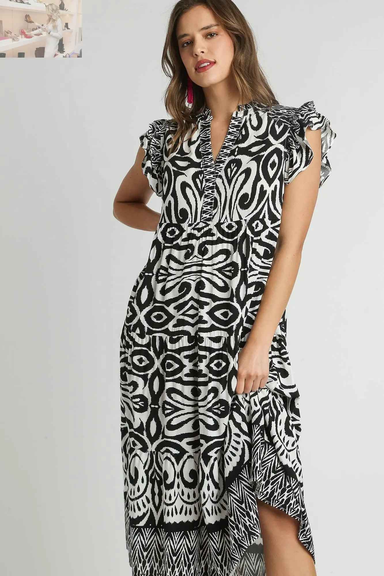 Umgee Plus Size Two Tone Midi Dress with Ruffle Cap Sleeves - MegaSuperStar